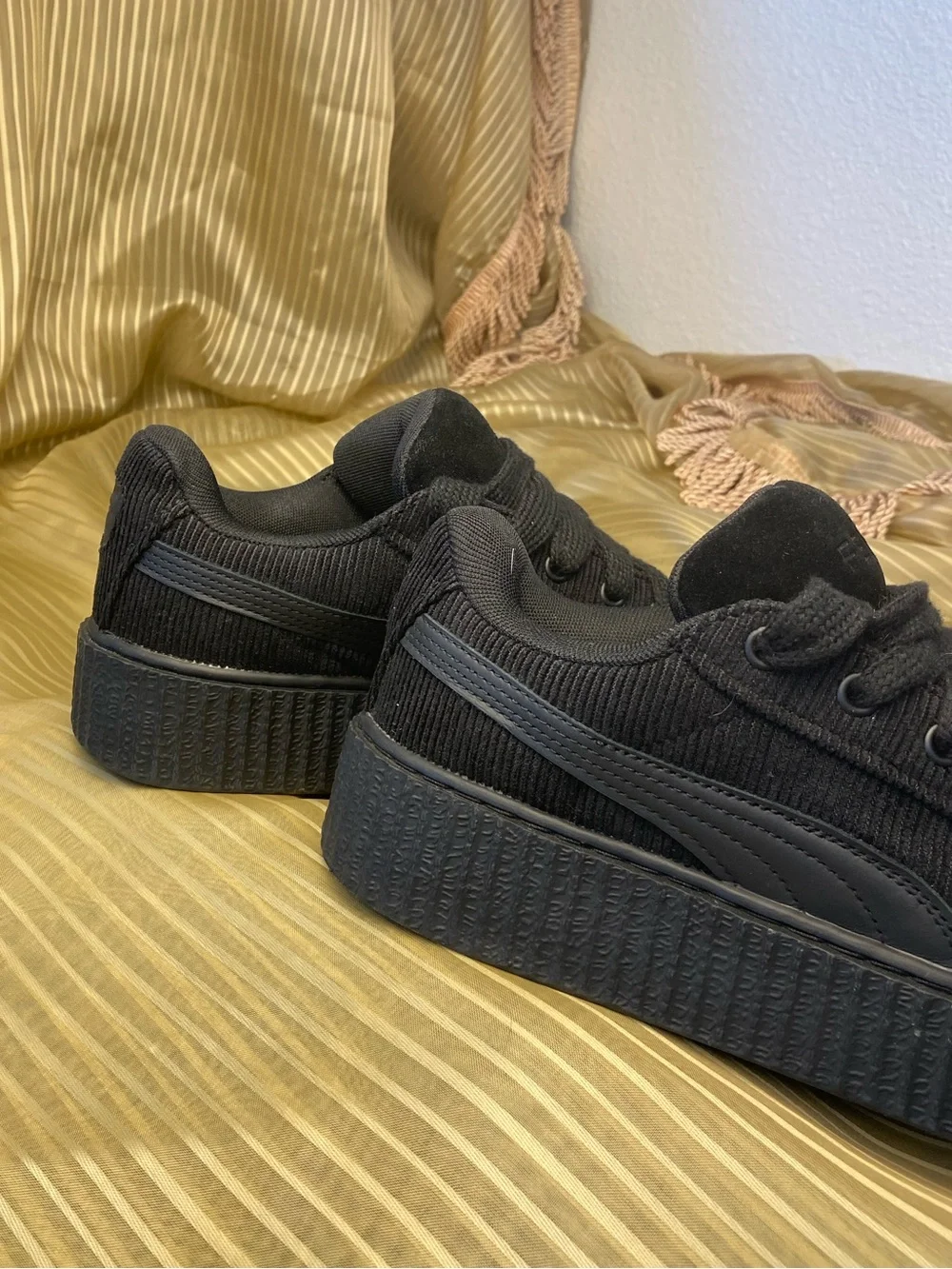 PUMA FENTY Black Corduroy Platform Lace-Up Sneakers, size 8.5